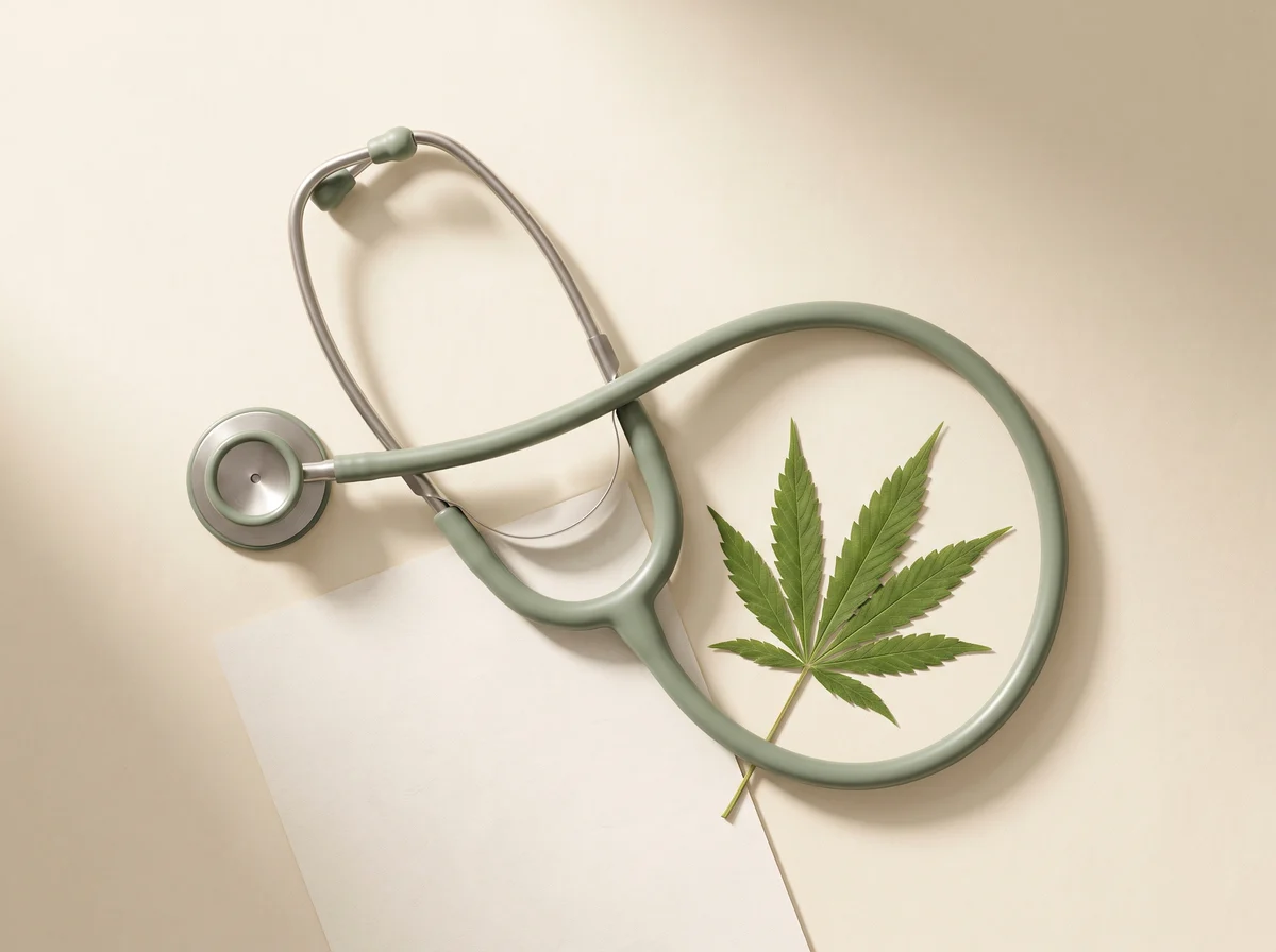 Stethoskop und Cannabisblatt auf einem Rezeptbogen